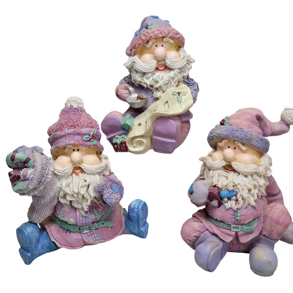 Home Interiors Sugar Plum Santa Set 3 Purple Pink Resin Figurines 55063 2002 Vtg